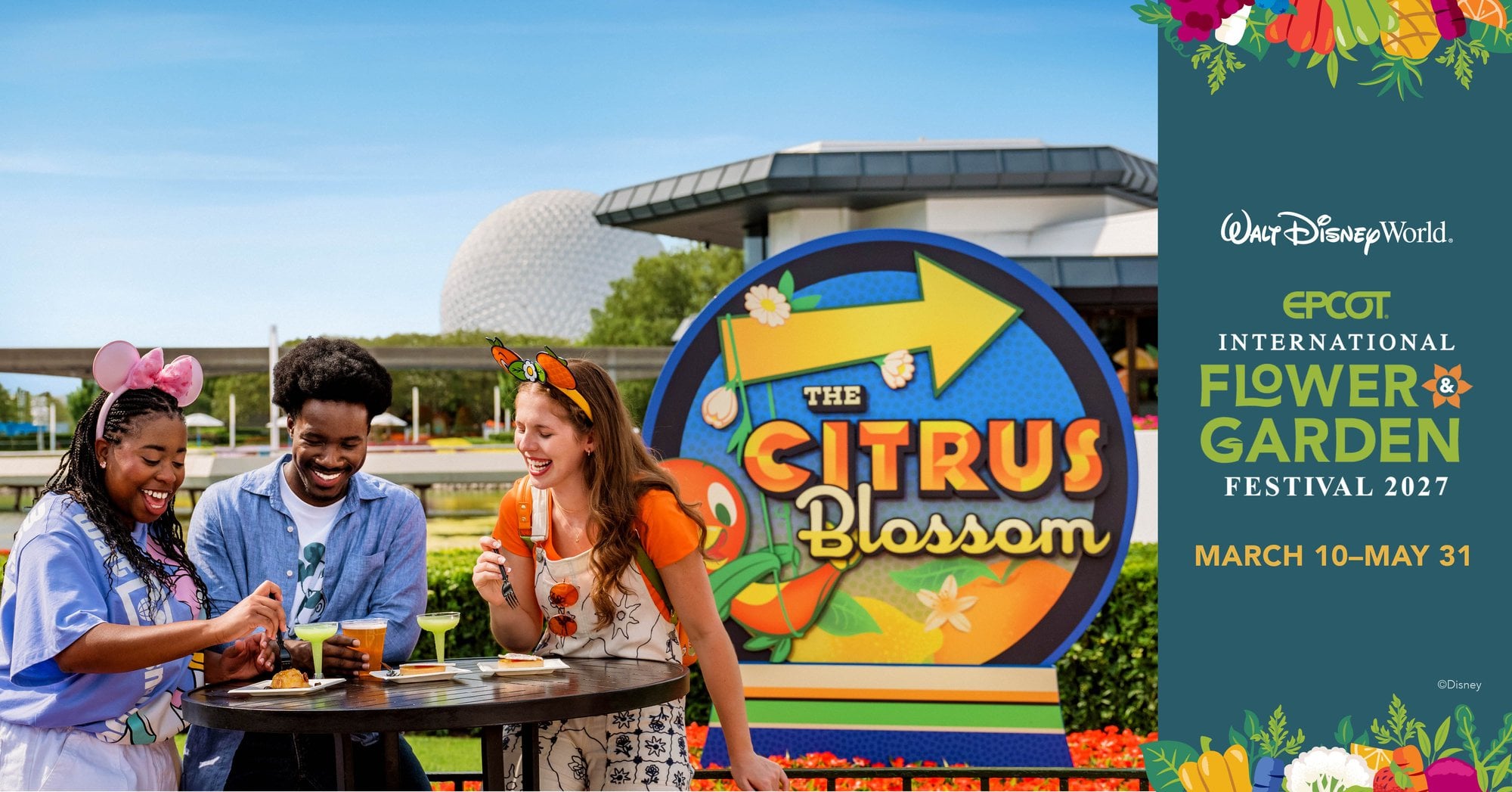 Friends sharing dishes at The Citrus Blossom during the EPCOT Flower and Garden Festival 2027
