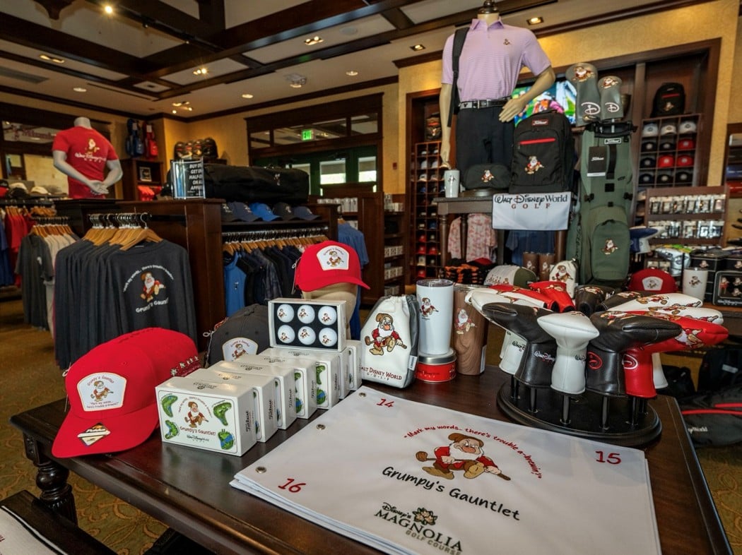 Grumpy's Gauntlet merchandise display in the pro shop at Disney's Magnolia Golf Course